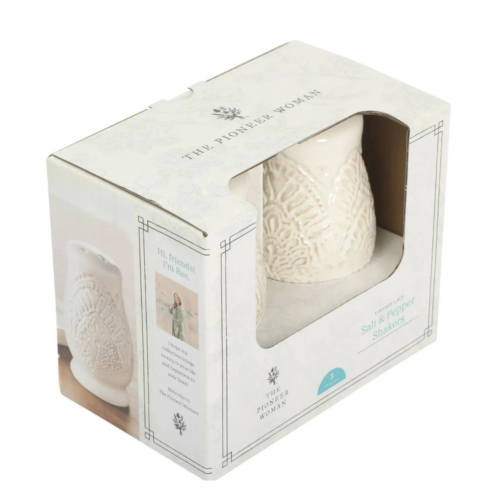 Pioneer Woman Vintage Lace Salt & Pepper Shaker Set Stoneware Linen